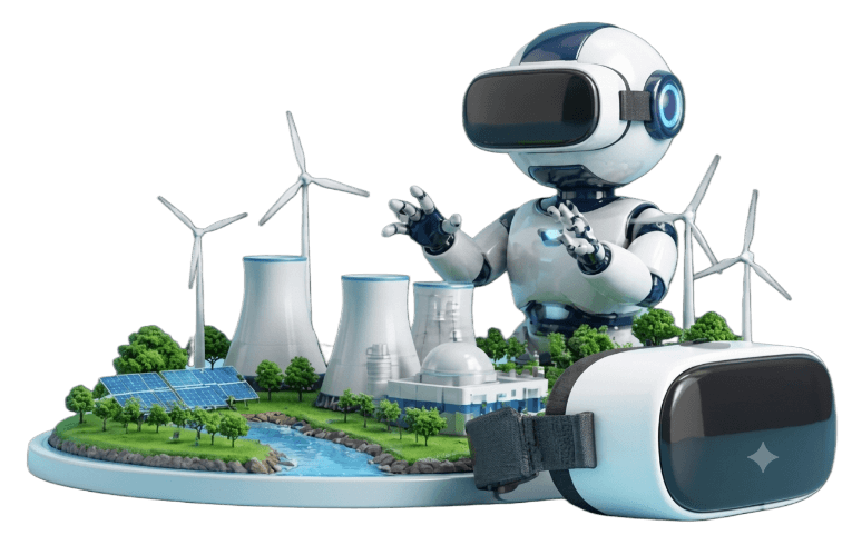 Robot exploring an energy island in a Meta Quest headset