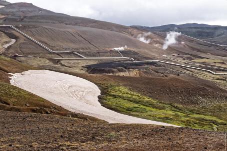 Active wells with supply pipes for the Krafla geothermal power plant (Iceland).