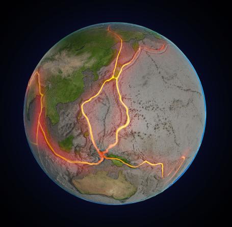 A model of the Earth's surface showing regions of possible tectonic activity.