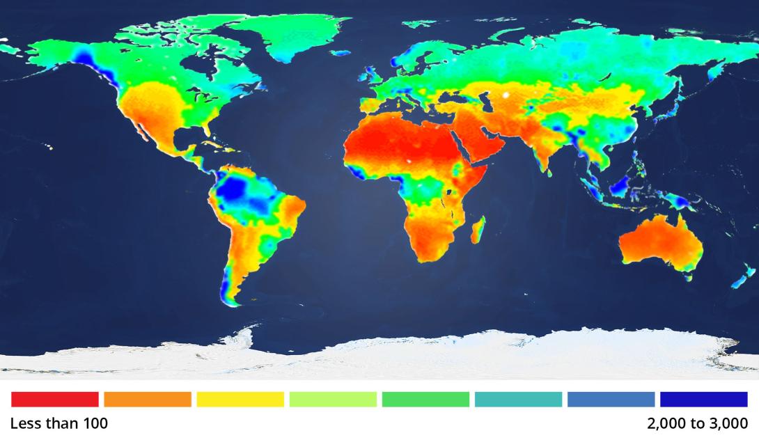 Map of average annual precipitation worldwide [mm/year].