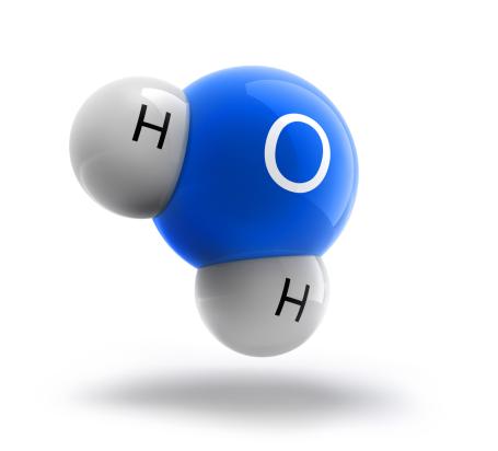 Water molecule H₂O. A water molecule consists of two hydrogen atoms and one oxygen atom.