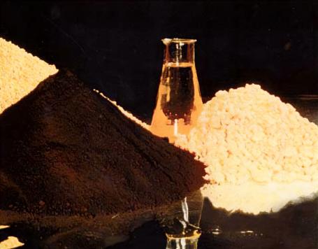 Several intermediate uranium compounds are produced during the processing of uranium concentrate (yellowcake) into uranium hexafluoride for enrichment and subsequently into uranium dioxide for nuclear fuel fabrication. (Source: Wikipedia.org)