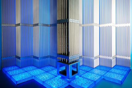 3D model of fuel assemblies and a control rod assembly in a pressurised water reactor. The absorber rods move inside guide tubes within the fuel assemblies. (Source: © fottoo / stock.adobe.com)