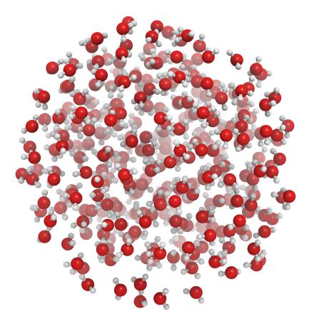 3D model of water molecules. Each light water molecule (H₂O) contains one oxygen atom and two hydrogen atoms. In heavy water (D₂O), the two ordinary hydrogen atoms are replaced by deuterium atoms. (Source: © molekuul.be / stock.adobe.com)
