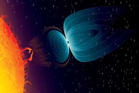 Cosmic radiation contains high-energy protons and atomic nuclei. Many of these charged particles are deflected by the Earth's magnetic field. (Source: © daulon / stock.adobe.com)