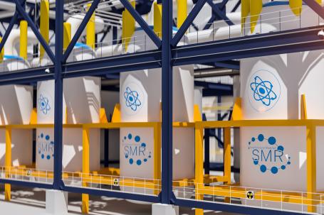 An illustration showing the integration of multiple small modular reactors within a future nuclear power plant. (Source: © AA+W / stock.adobe.com)
