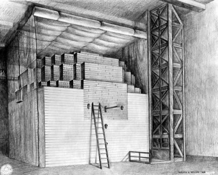 A drawing of the first nuclear reactor constructed at the University of Chicago, where a group of scientists succeeded in initiating and maintaining the first controlled, self-sustaining nuclear fission chain reaction.(Archival Photographic File, [apf2-00501r], Special Collections Research Center, University of Chicago Library.)
