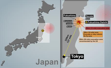 The earthquake epicentre, the location of the Fukushima Daiichi Nuclear Power Station, nearby towns and the three evacuation zones are shown on a map of Japan. (Source: © gurgenb / stock.adobe.com)