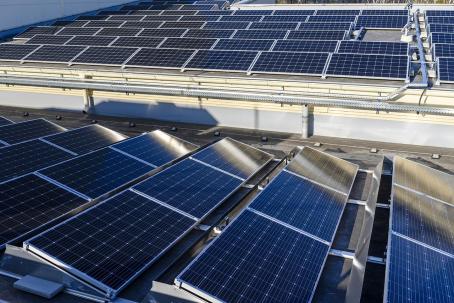 A photovoltaic power plant with fixed solar panels.
