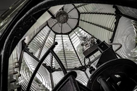 The interior of the Pensacola Lighthouse with the light source at the focus of the Fresnel lenses.