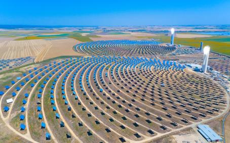 An aerial view of the PS10 and PS20 central tower solar power plants near Seville, Spain.