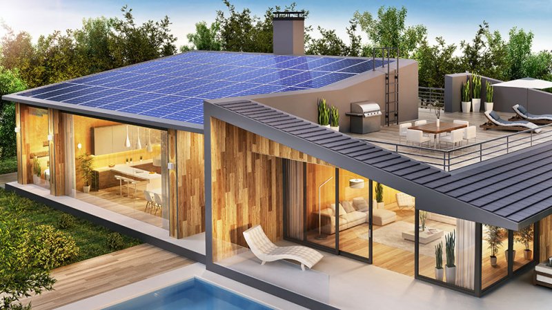 A roof covered with photovoltaic panels represents an active solar system. (Source: © slavun / stock.adobe.com)