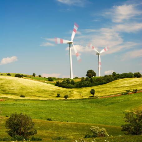 Two wind turbines in the rural region of Molise, Italy.